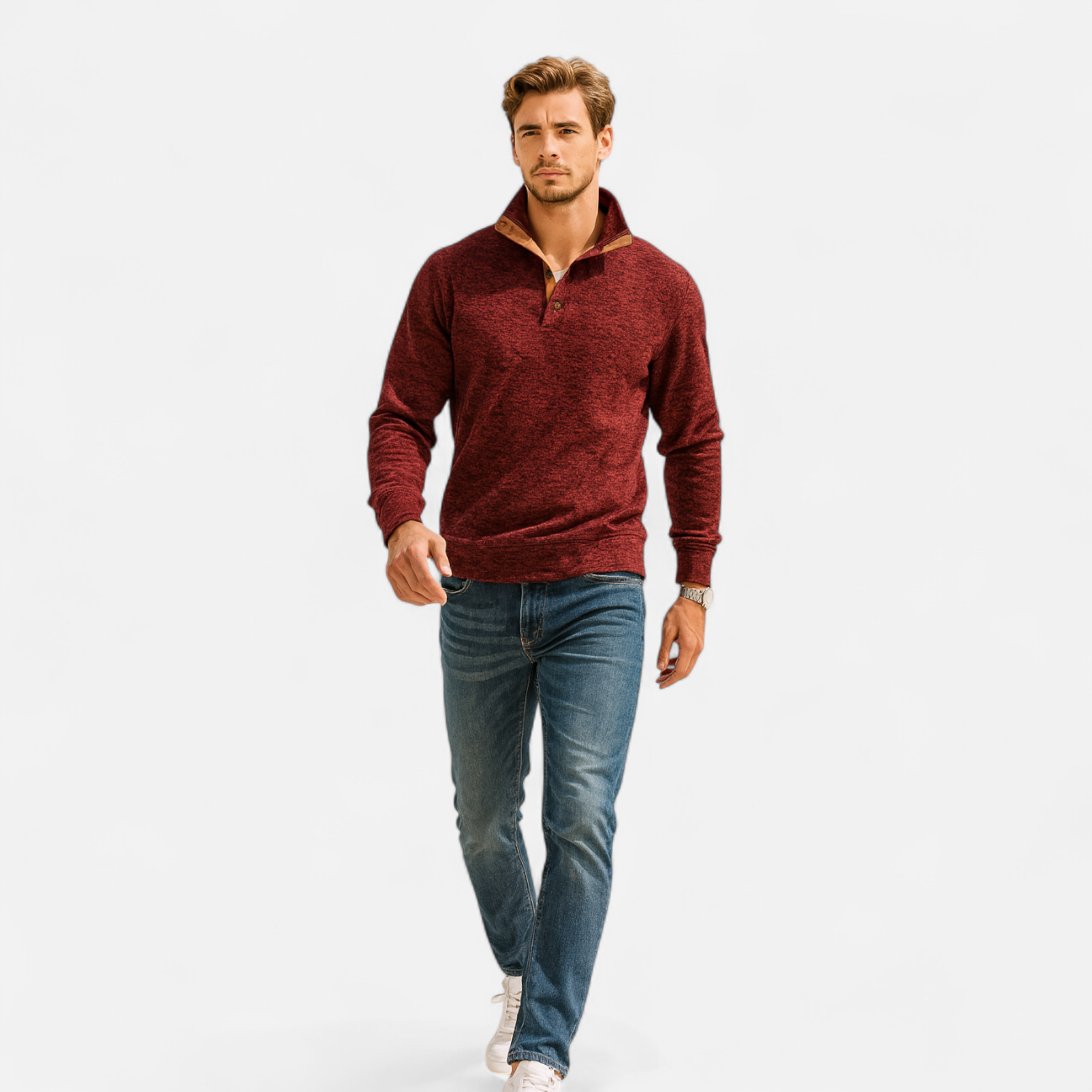 Stand-Collar Knitted Pullover with Elbow Patches in Nine Colours | Classic Half-Button Design for Office and Weekend | Warm Layering Jumper | Koossa