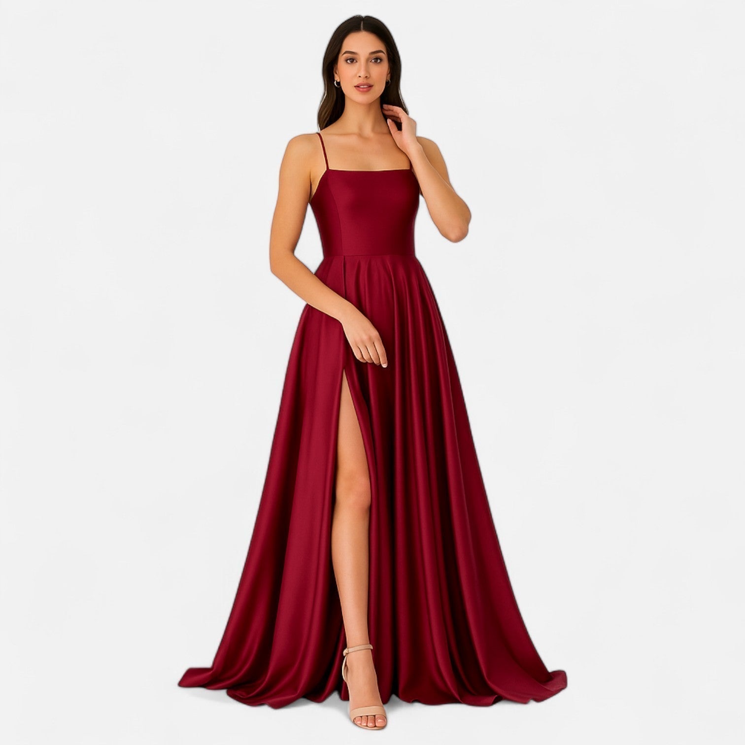 Women's Slim-Strap Maxi Dress with Side Slit for Wedding Guests | Elegant Floor-Length Gown in Navy Black Pink Burgundy Sage | Spring Summer Evening Wear | Koossa