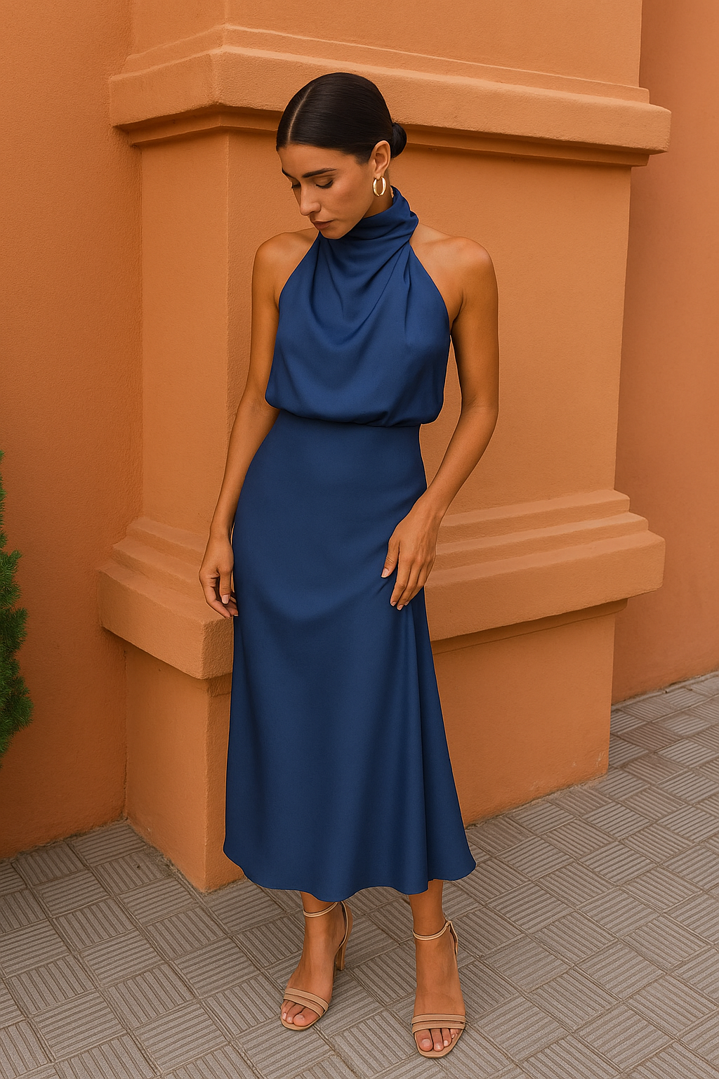 Women's Draped Satin Evening Dress with Open Back — Elegant Midi Dress for Summer Weddings & Special Occasions | Koossa