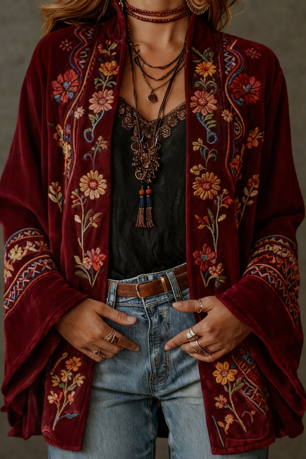 Women's Bohemian Open-Front Cardigan with Tapestry Pattern in Velvet-Touch Fabric | Elegant Layering Piece with Wide Sleeves | Koossa