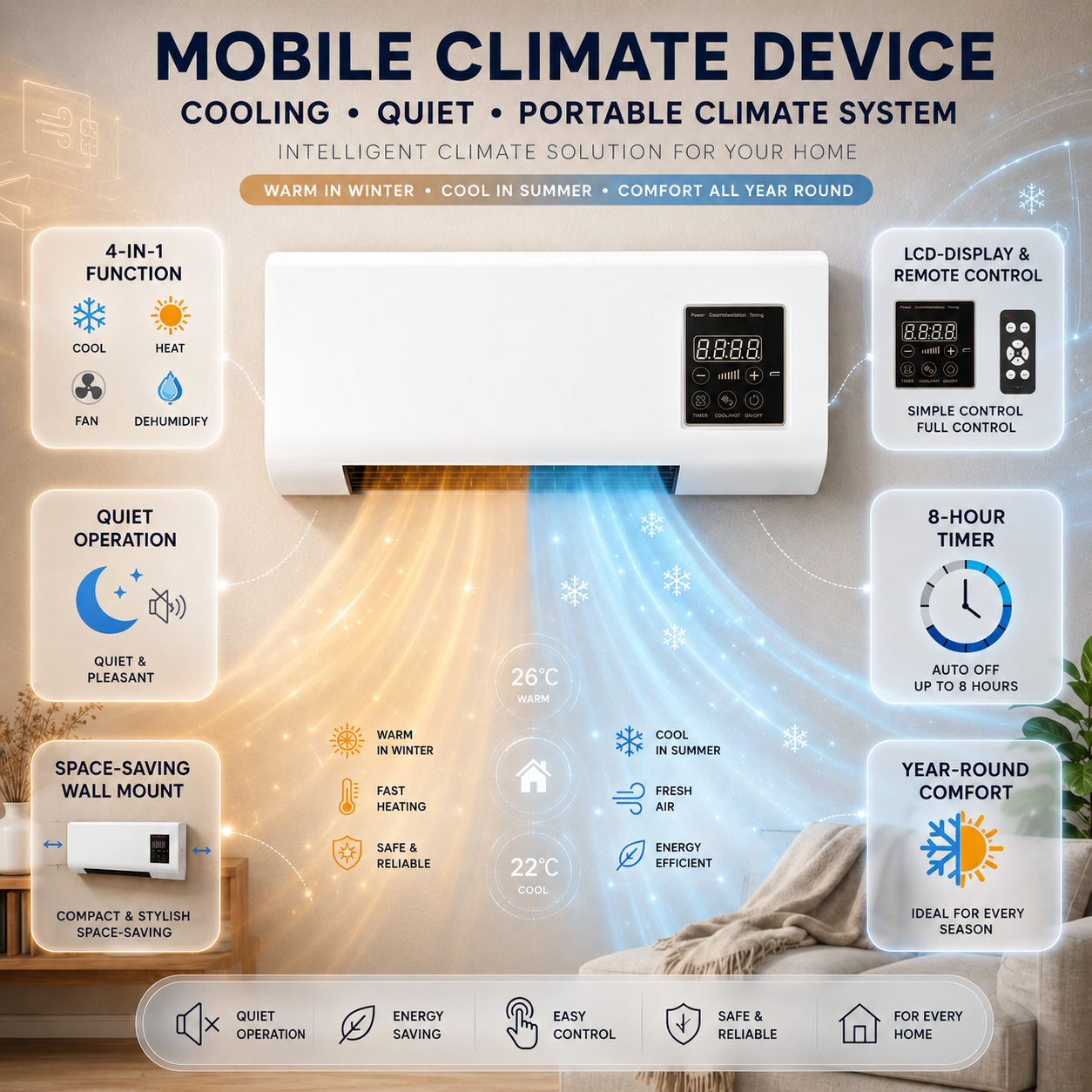Climatiseur mural 4 en 1 sans unité extérieure pour chambre mansardée avec chauffage ventilation et déshumidification | Koossa