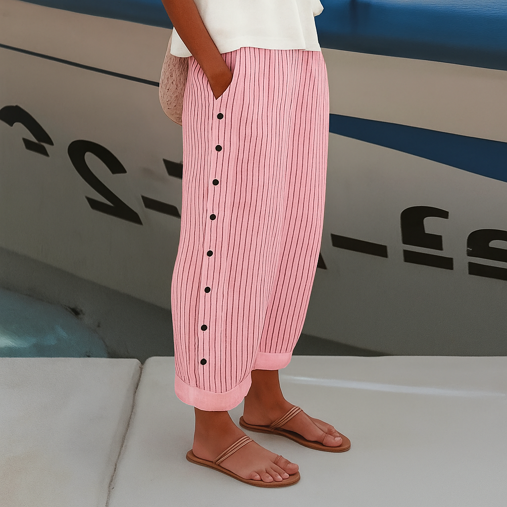 Women's Striped Cropped Trousers with Button Detail in Blue, Black, Grey & Pink – Relaxed Fit Cotton Blend Summer Trousers for Casual Days, Holidays, and Weekend Wear | Koossa