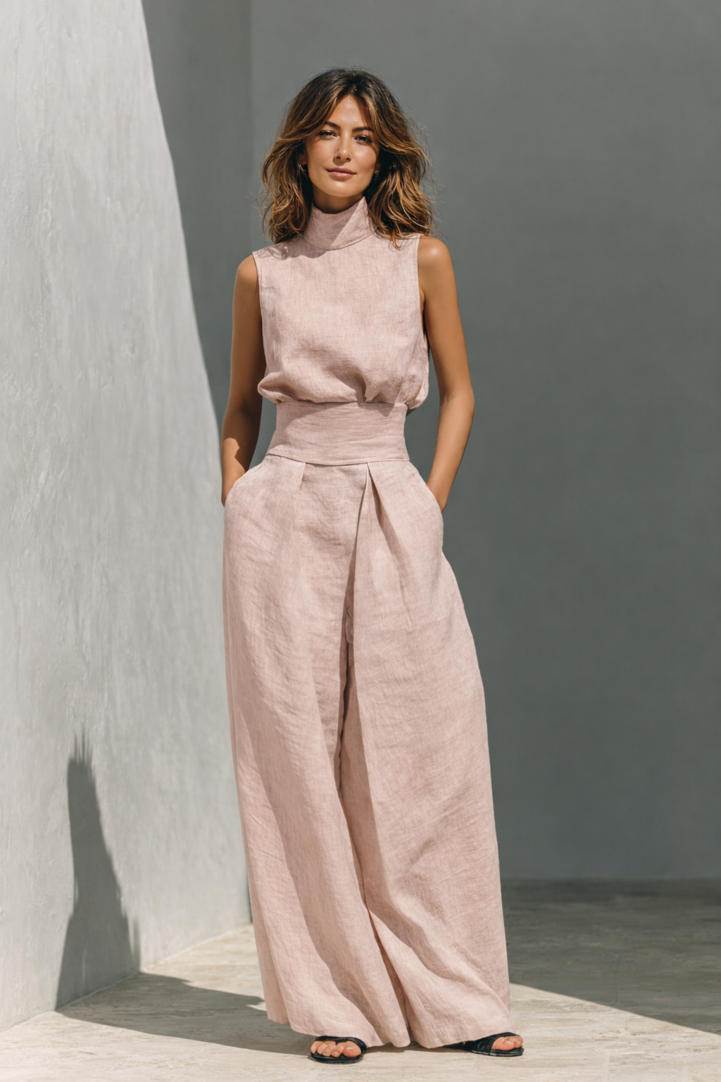 Women's Sleeveless Top and Wide-Leg Trouser Co-ord Set in Light Blue, Khaki, Army Green, Light Pink for Relaxed Warm-Weather Occasions | Koossa