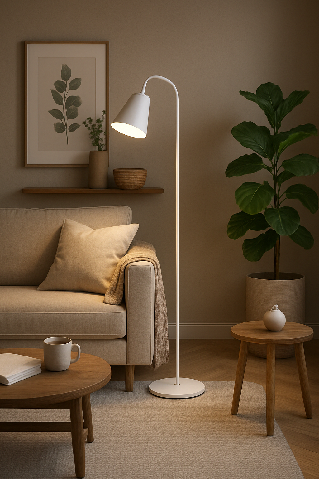 Adjustable Reading Floor Lamp with Steel Gooseneck Arm and Round Wood Base, Scandinavian Task Light for Living Room, Bedroom, Office | Lonoma