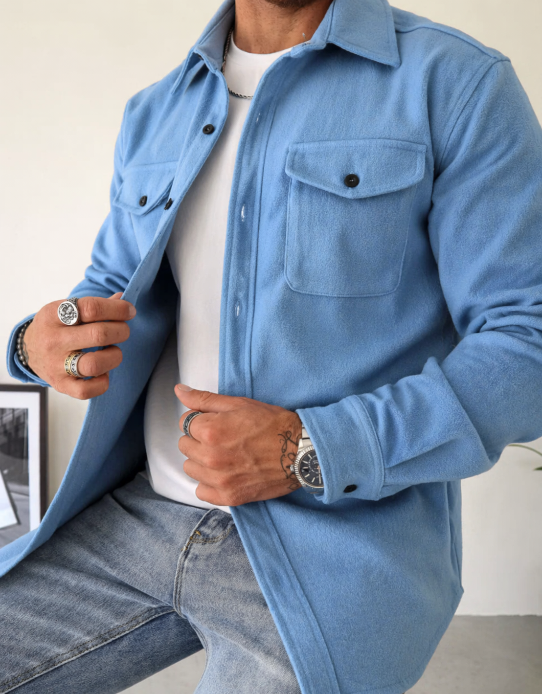 Overshirt Jacket with Long Sleeves and Chest Pockets in Cotton Blend for Smart Casual Layering | Koossa