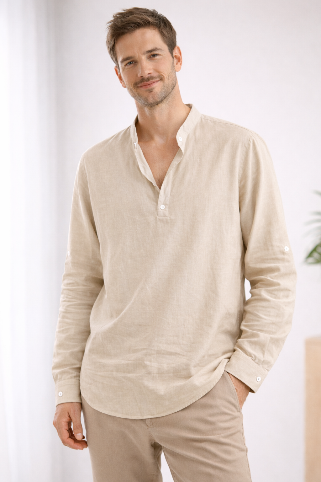 Men's Relaxed Fit Henley Shirt with Grandad Collar — Long Sleeve Casual Shirt for Weekend & Holiday Wear | Koossa