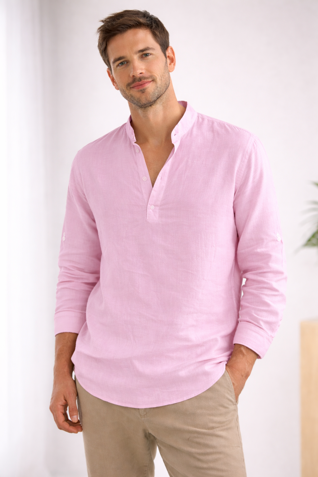 Men's Relaxed Fit Henley Shirt with Grandad Collar — Long Sleeve Casual Shirt for Weekend & Holiday Wear | Koossa