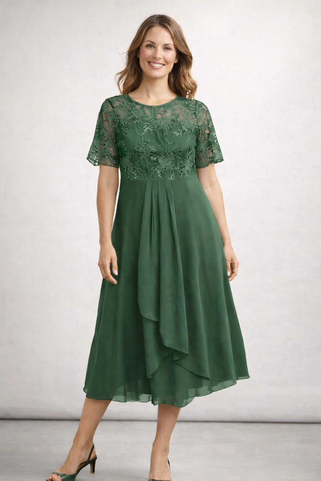 Women's Lace Bodice Midi Dress with Short Sleeves — Elegant Round Neck Occasion Dress for Weddings & Garden Parties | Koossa