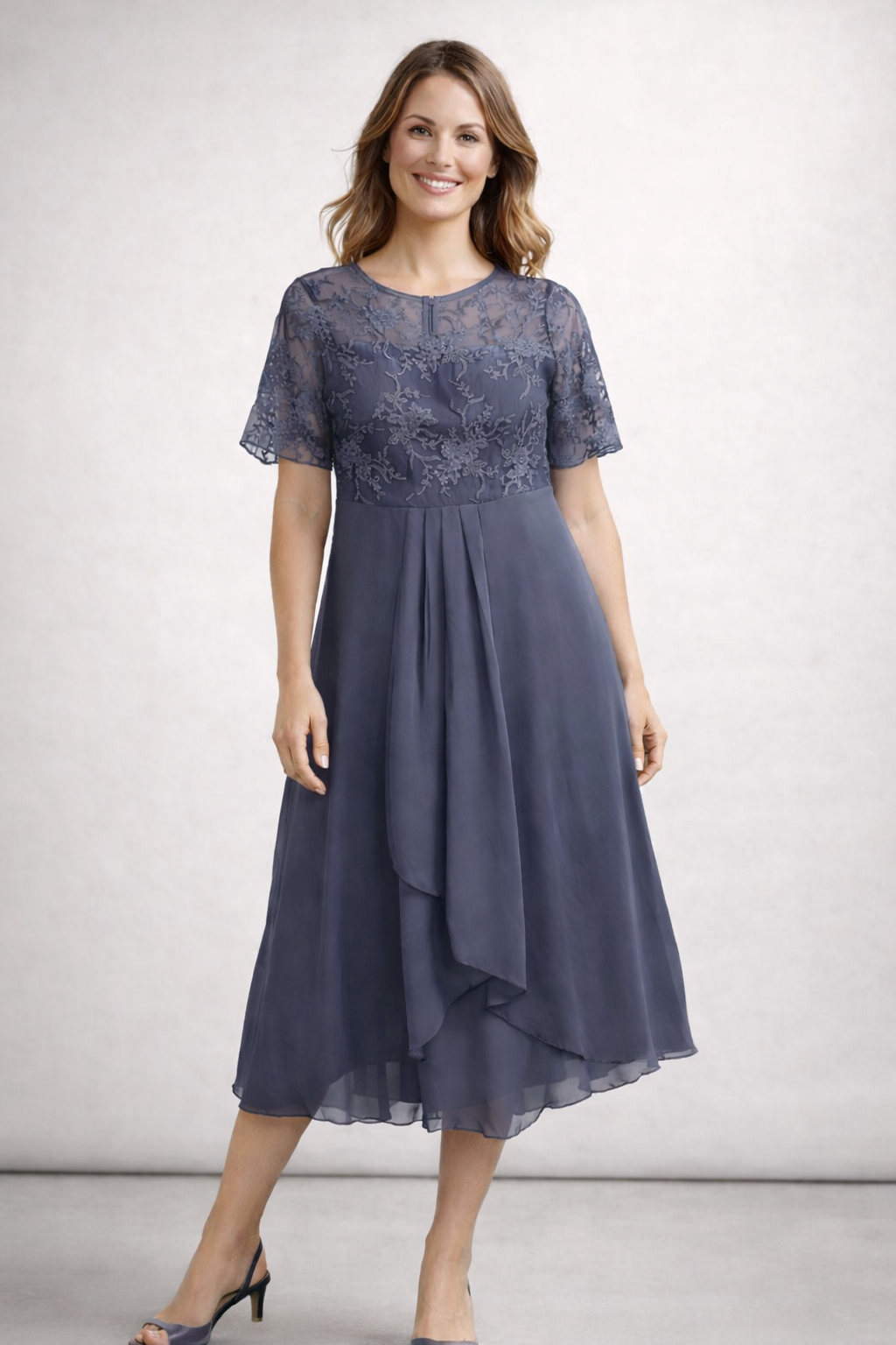 Women's Lace Bodice Midi Dress with Short Sleeves — Elegant Round Neck Occasion Dress for Weddings & Garden Parties | Koossa