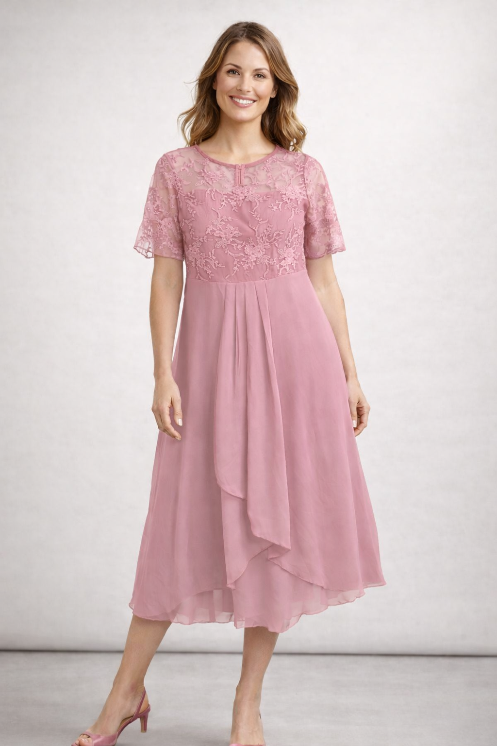 Women's Lace Bodice Midi Dress with Short Sleeves — Elegant Round Neck Occasion Dress for Weddings & Garden Parties | Koossa