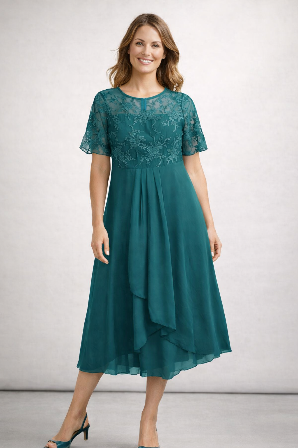 Women's Lace Bodice Midi Dress with Short Sleeves — Elegant Round Neck Occasion Dress for Weddings & Garden Parties | Koossa