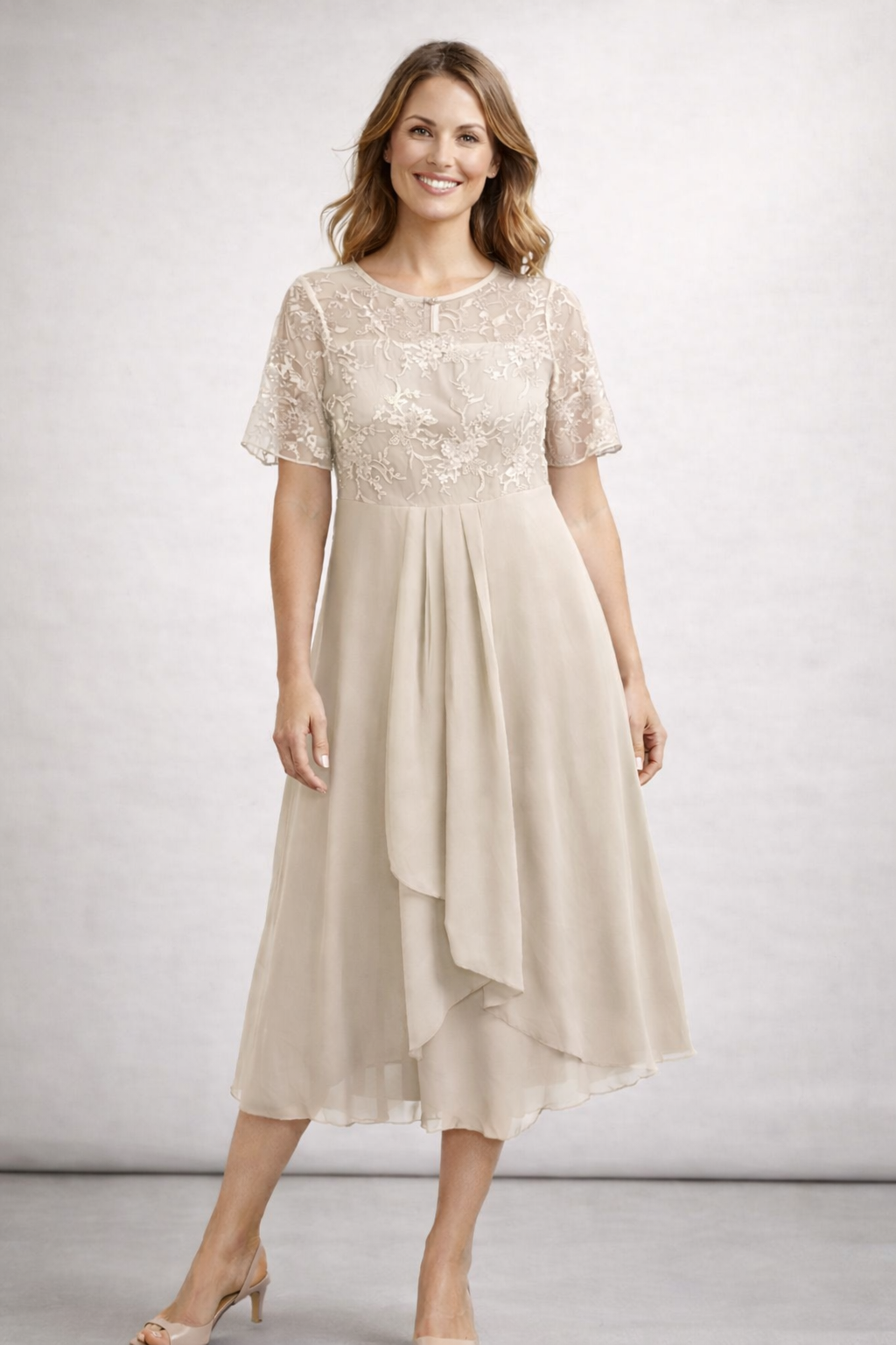 Women's Lace Bodice Midi Dress with Short Sleeves — Elegant Round Neck Occasion Dress for Weddings & Garden Parties | Koossa