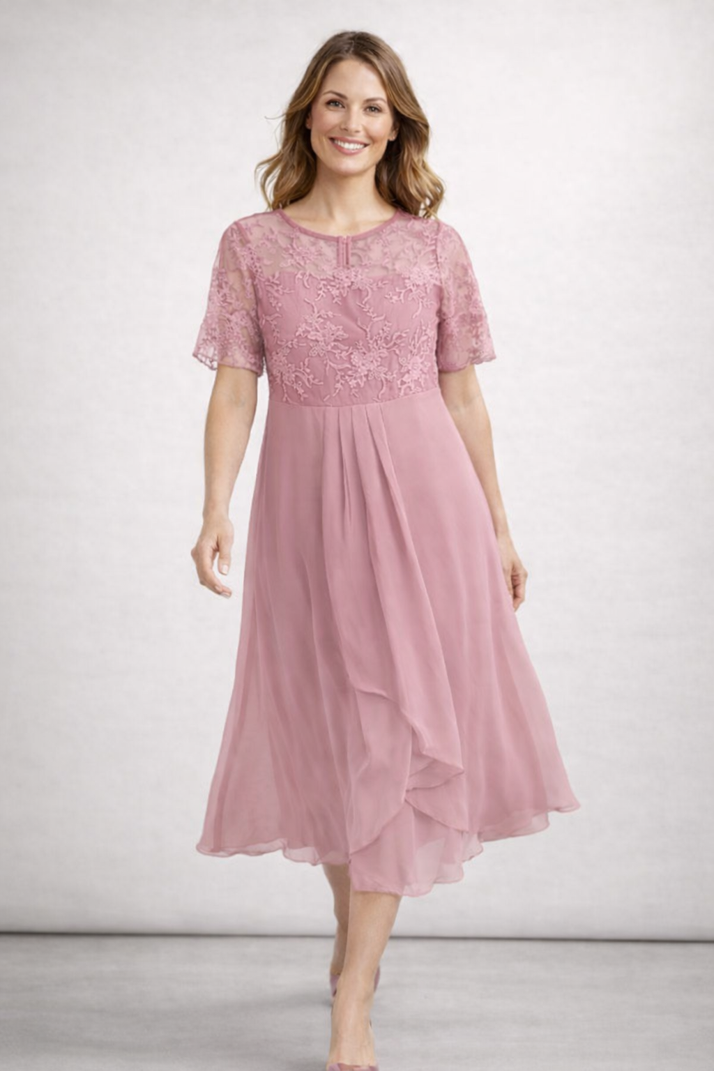Women's Lace Bodice Midi Dress with Short Sleeves — Elegant Round Neck Occasion Dress for Weddings & Garden Parties | Koossa