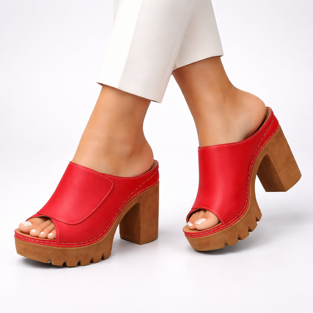 Women's Platform Heels with Ankle Strap and Cushioned Sole in Brown, Black, Beige, White & Red – Elegant Occasion Footwear with Stable Block Heel for Confident All-Day Wear | Koossa