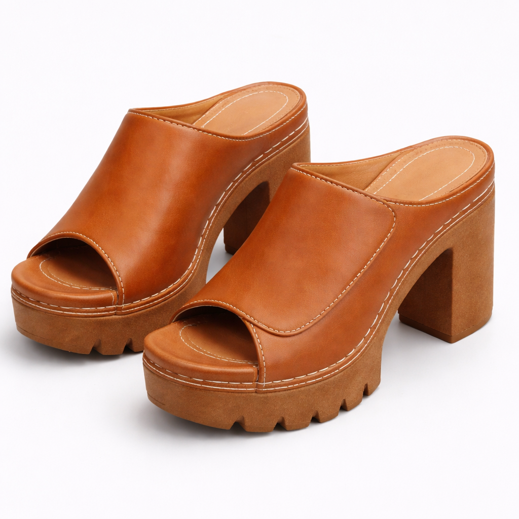 Women's Platform Heels with Ankle Strap and Cushioned Sole in Brown, Black, Beige, White & Red – Elegant Occasion Footwear with Stable Block Heel for Confident All-Day Wear | Koossa