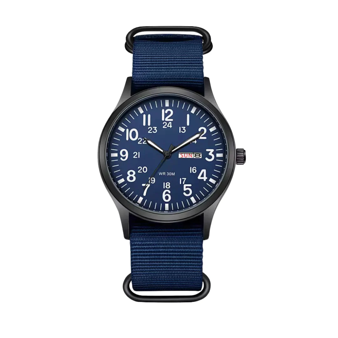 Men's Casual Wristwatch with Fabric Band, Day & Date Display, 24-Hour Scale, Arabic Numerals | Lonoma