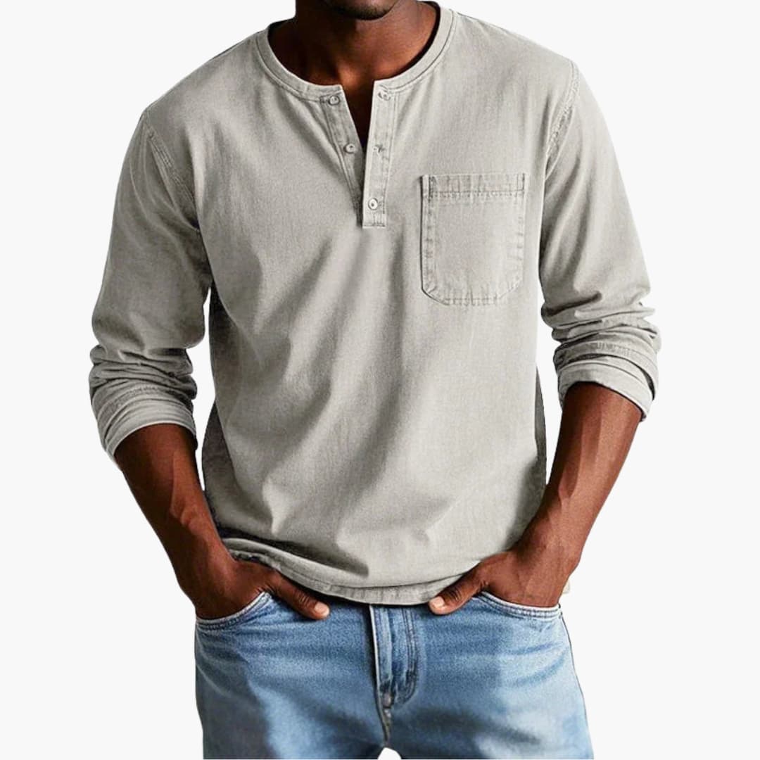 Men's Henley Shirt Long Sleeve Cotton Casual Tee with Chest Pocket for Everyday Wear Navy Gray Khaki Button Neckline | Lonoma