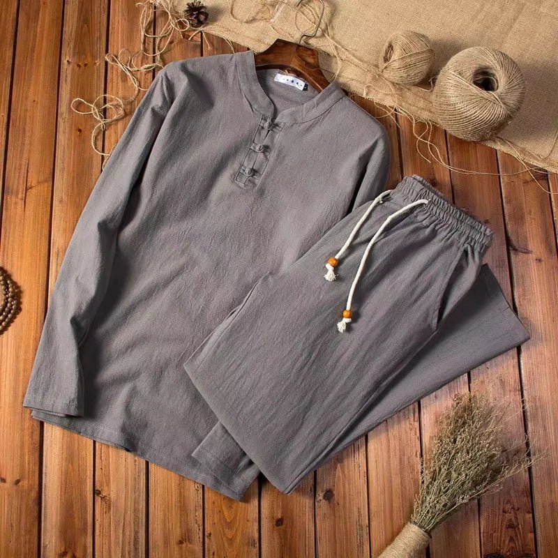 Men's Stand Collar Shirt and Elastic Waist Pants Lounge Set - Relaxed Fit Casual Two-Piece Outfit for Weekend Wear and Travel | Lonoma