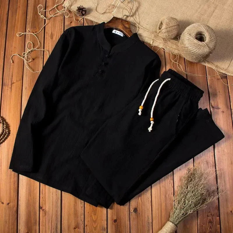 Men's Stand Collar Shirt and Elastic Waist Pants Lounge Set - Relaxed Fit Casual Two-Piece Outfit for Weekend Wear and Travel | Lonoma