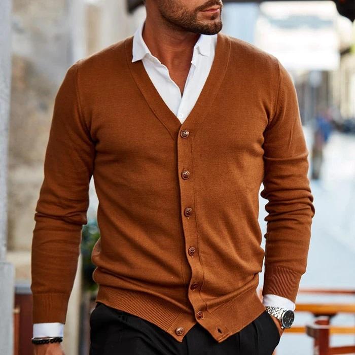 Men's Button-Up Sweater V-Neck Cardigan with Ribbed Trim for Casual & Office Wear | Classic Layering Piece | Lonoma