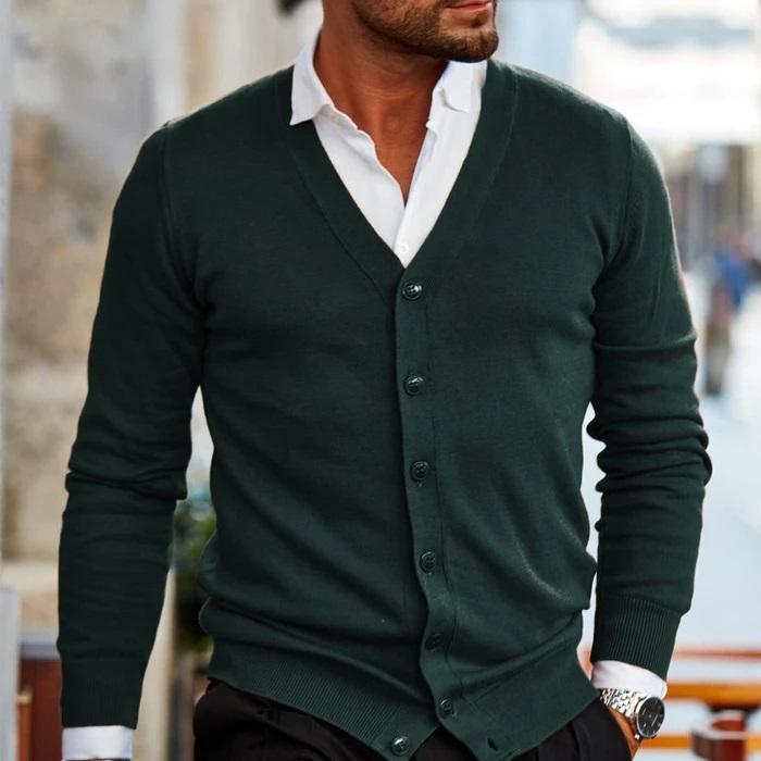 Men's Button-Up Sweater V-Neck Cardigan with Ribbed Trim for Casual & Office Wear | Classic Layering Piece | Lonoma