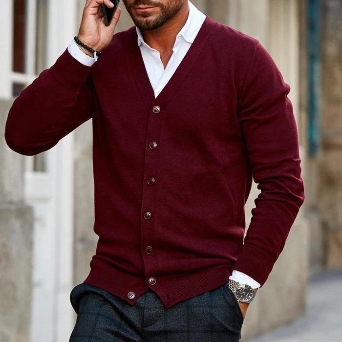 Men's Button-Up Sweater V-Neck Cardigan with Ribbed Trim for Casual & Office Wear | Classic Layering Piece | Lonoma