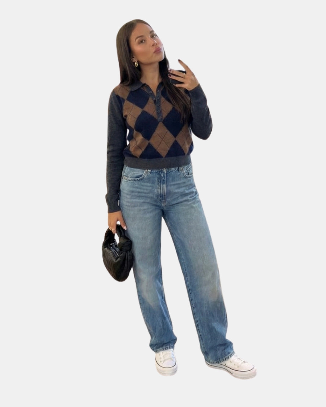 Women's Diamond Pattern Knit Sweater Polo with Collar and Buttons for Fall Winter | Lonoma
