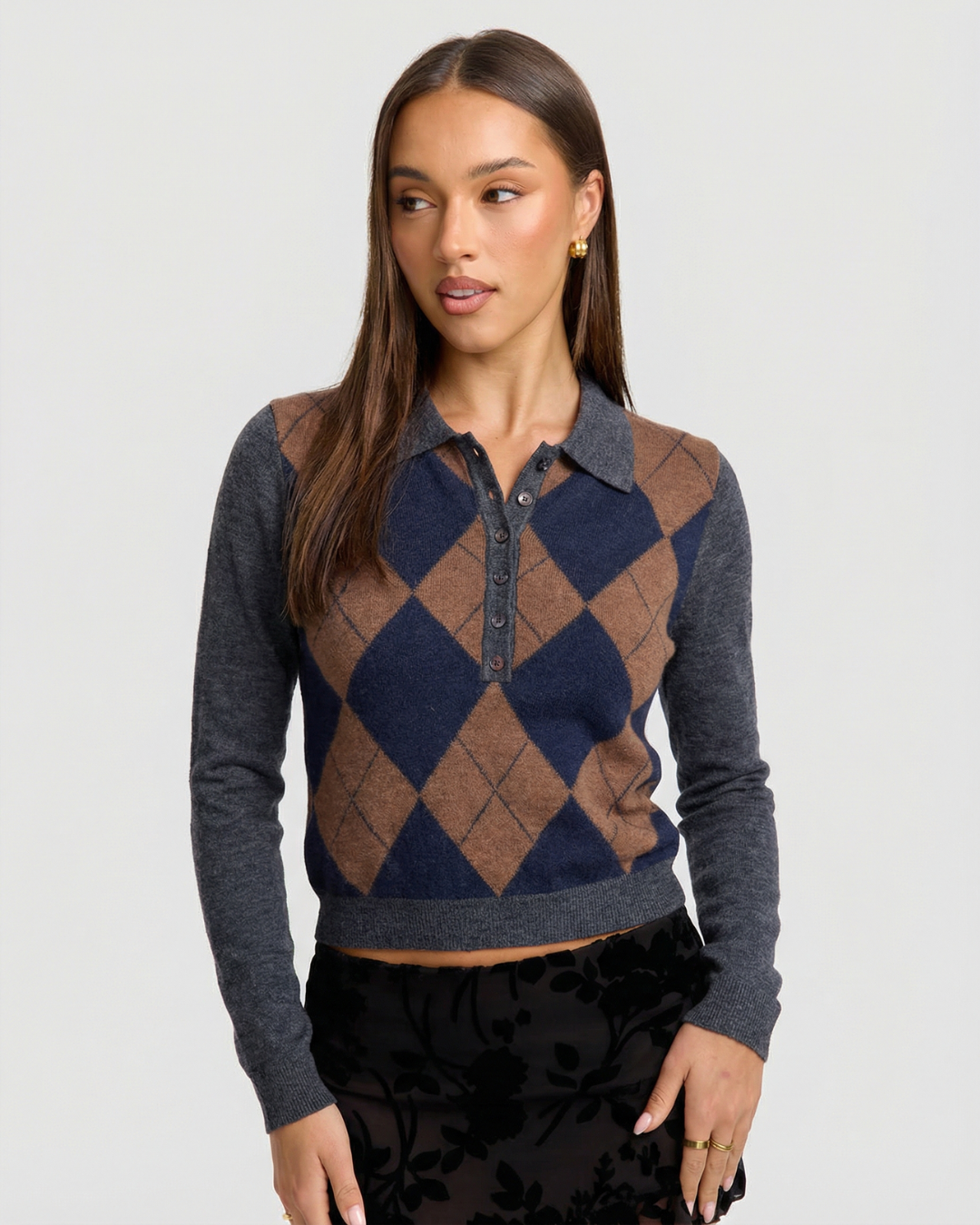 Women's Diamond Pattern Knit Sweater Polo with Collar and Buttons for Fall Winter | Lonoma