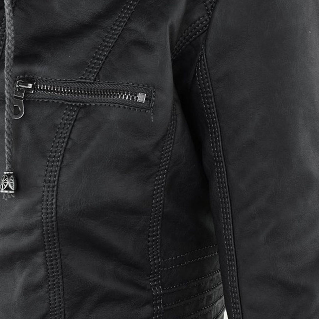 Women's Black Hooded Jacket with Zip & Button Fastening — Weather-Resistant Outerwear for Everyday Elegance | Koossa