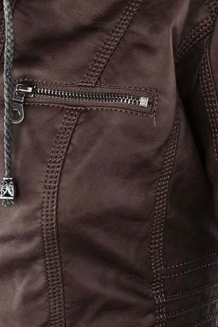 Women's Hooded Leather Jacket with Zip Front in Brown, Black & Dark Brown – Tailored Fit Outerwear for Smart-Casual Occasions | Koossa