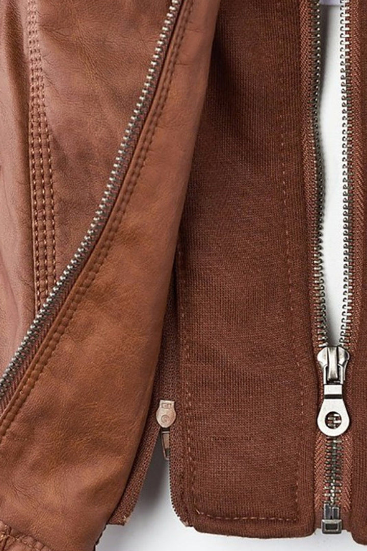 Women's Hooded Leather Jacket with Zip Front in Brown, Black & Dark Brown – Tailored Fit Outerwear for Smart-Casual Occasions | Koossa