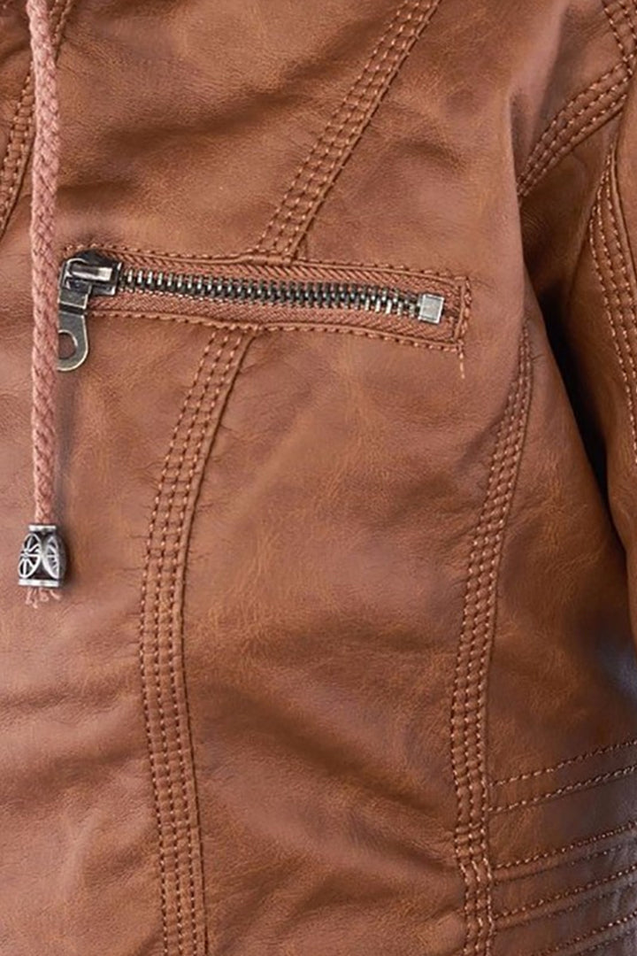 Women's Hooded Leather Jacket with Zip Front in Brown, Black & Dark Brown – Tailored Fit Outerwear for Smart-Casual Occasions | Koossa