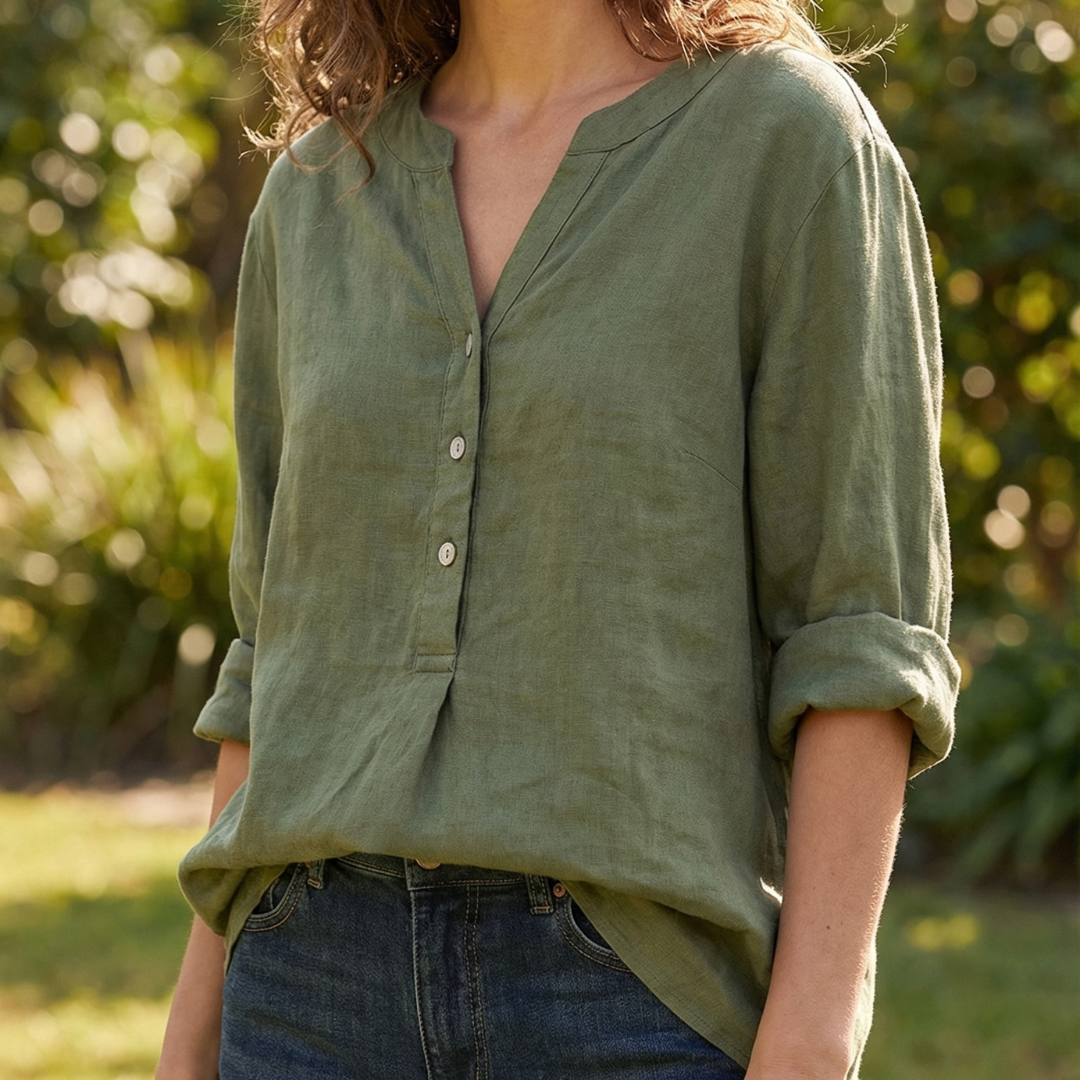 Women's Relaxed Button-Down Shirt in Lightweight Cotton – Versatile V-Neck Top for Warm Days, Perfect for Layering or Tucking, Classic Elegant Silhouette | Koossa