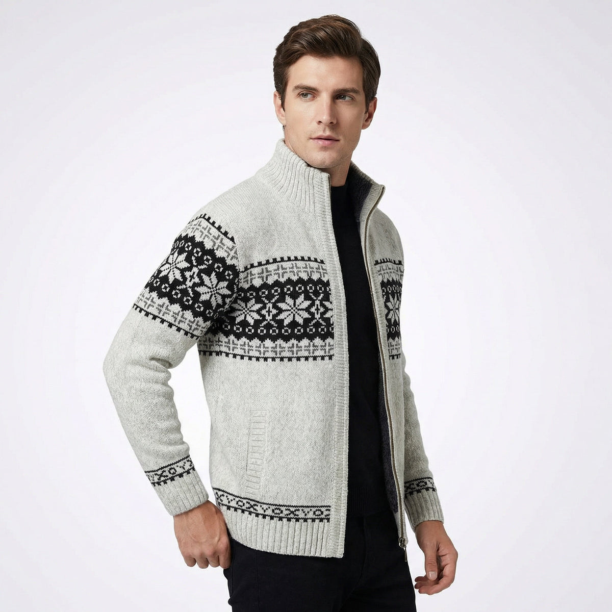 Men's Zip-Up Cardigan with Fair Isle Pattern and Stand Collar for Fall and Winter Layering | Lonoma