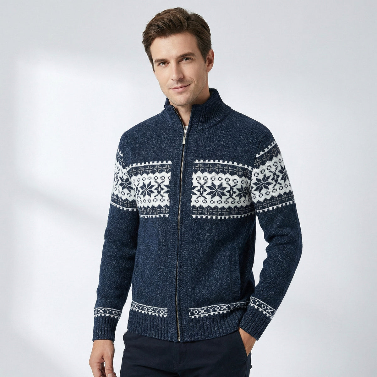 Men's Zip-Up Cardigan with Fair Isle Pattern and Stand Collar for Fall and Winter Layering | Lonoma