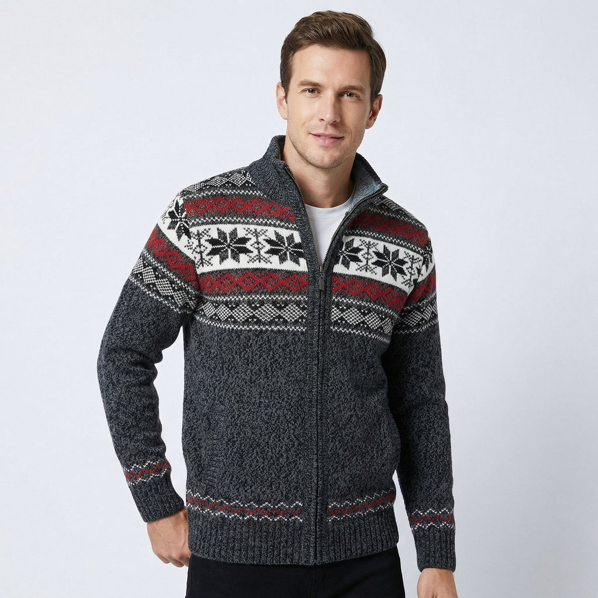 Men's Zip-Up Cardigan with Fair Isle Pattern and Stand Collar for Fall and Winter Layering | Lonoma