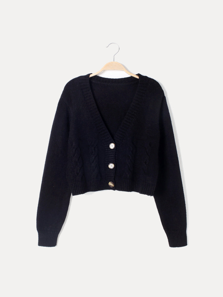 Women's Cropped Knit Cardigan V-Neck Horn Button Sweater Relaxed Fit Short Waist-Length Top for Casual Everyday Layering | Lonoma