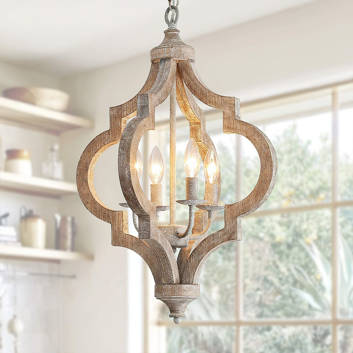 Rustic 4-Light Wood Beam Chandelier with Chain Mount for Dining Room Kitchen Farmhouse Industrial Décor | Lonoma