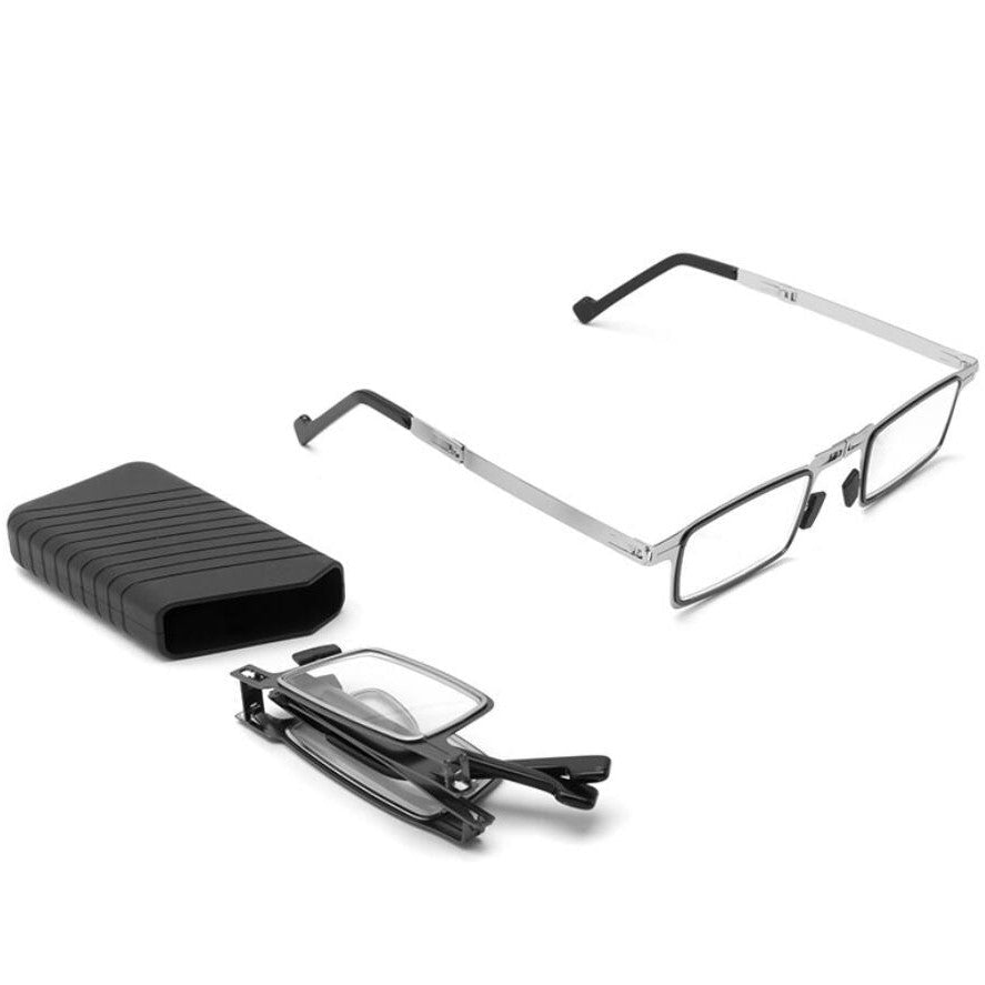 Foldable Reading Glasses with Blue Light Filter, Lightweight Titanium Frame, Silver, Spring Hinges, Compact Readers for Travel & Office | Lonoma