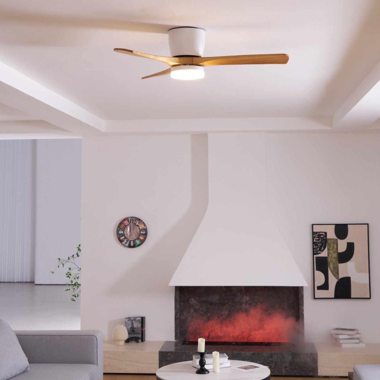 Ventilateur de plafond lumineux lames bois naturel design nordique silencieux économe chambre salon moderne | Koossa