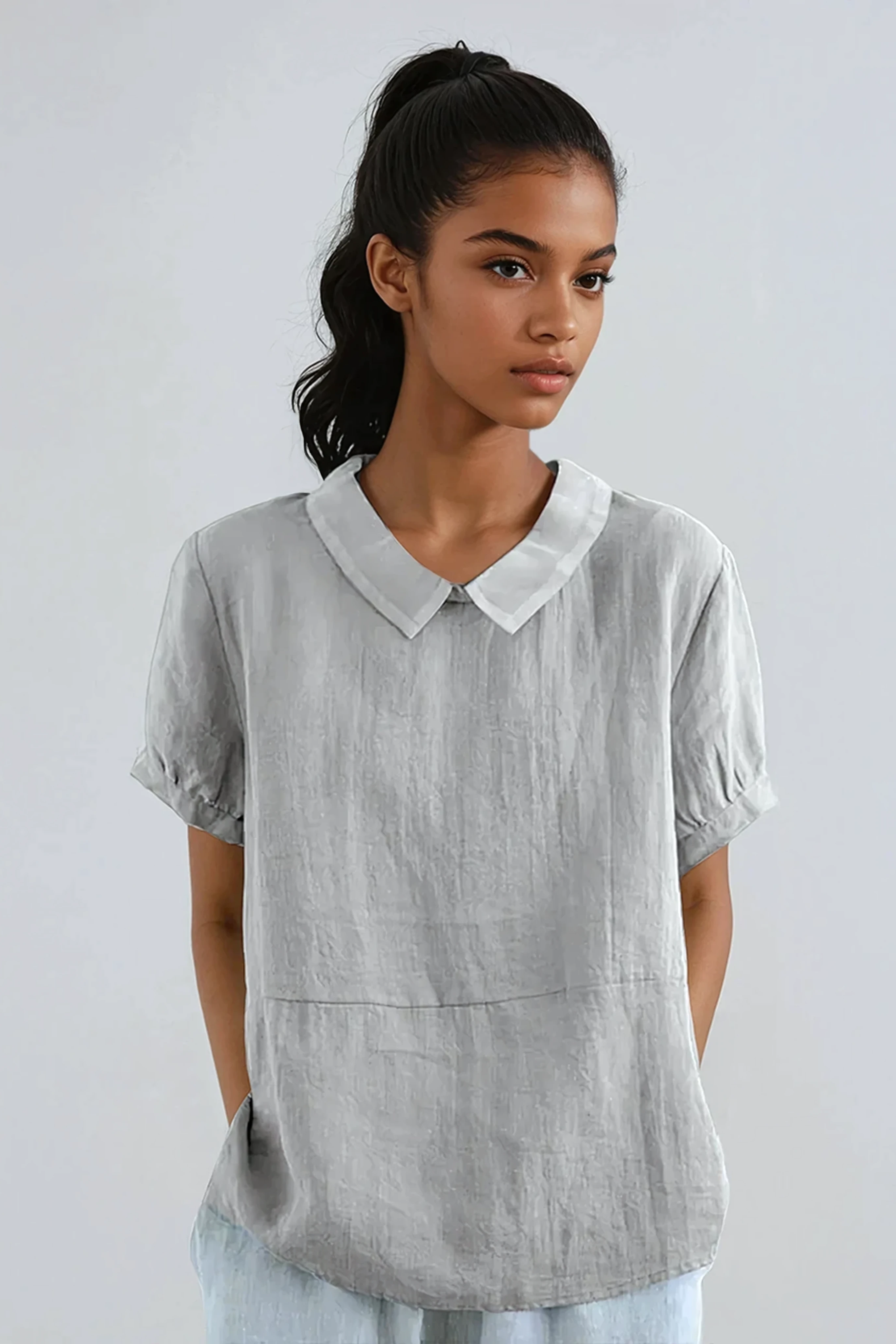 Rounded Collar Blouse in Lightweight Fabric Grey Light Blue White Pink | Koossa