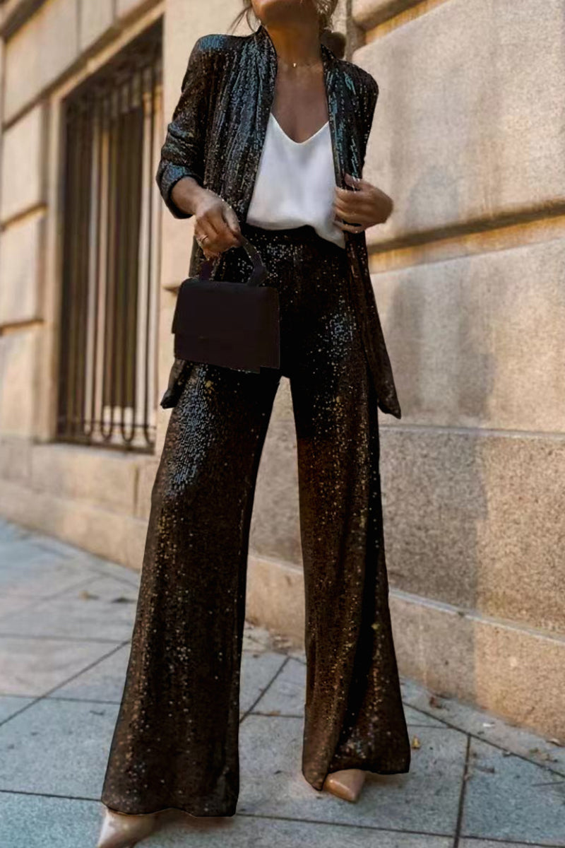 Women's Sequin Tailored Blazer & Wide Leg Trouser Suit — Elegant Evening Suit for Festive Occasions & Celebrations | Koossa