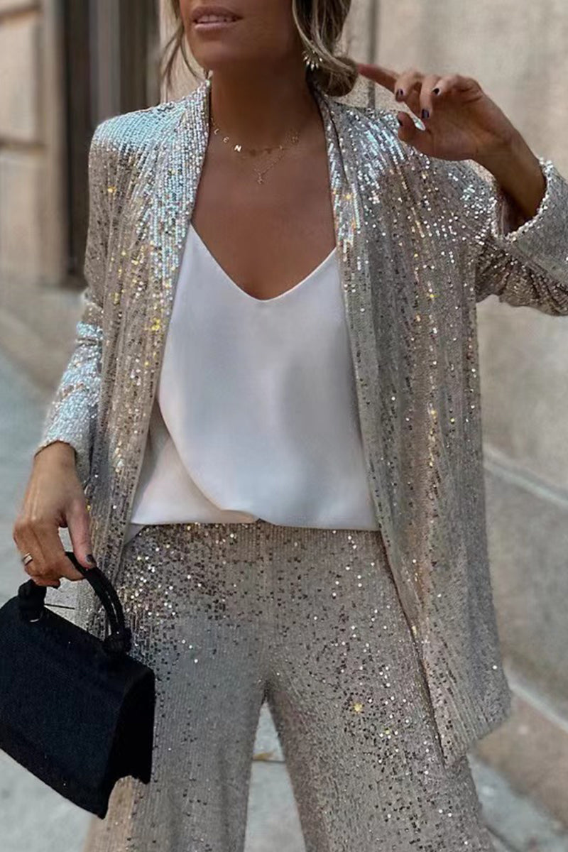 Women's Sequin Tailored Blazer & Wide Leg Trouser Suit — Elegant Evening Suit for Festive Occasions & Celebrations | Koossa