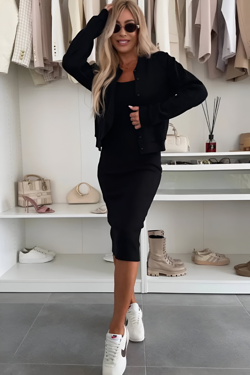 Women's Tailored Midi Dress and Cardigan Set in Blue, Black, Beige, Yellow, and Pink for Effortless Elegance | Koossa