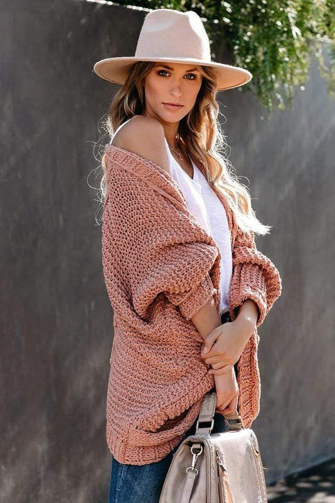 Chunky Knit Open-Front Cardigan in Soft Wool Blend Grey Beige Pink Black Purple Green Orange | Relaxed Layering Piece Long Sleeve Pockets | Koossa
