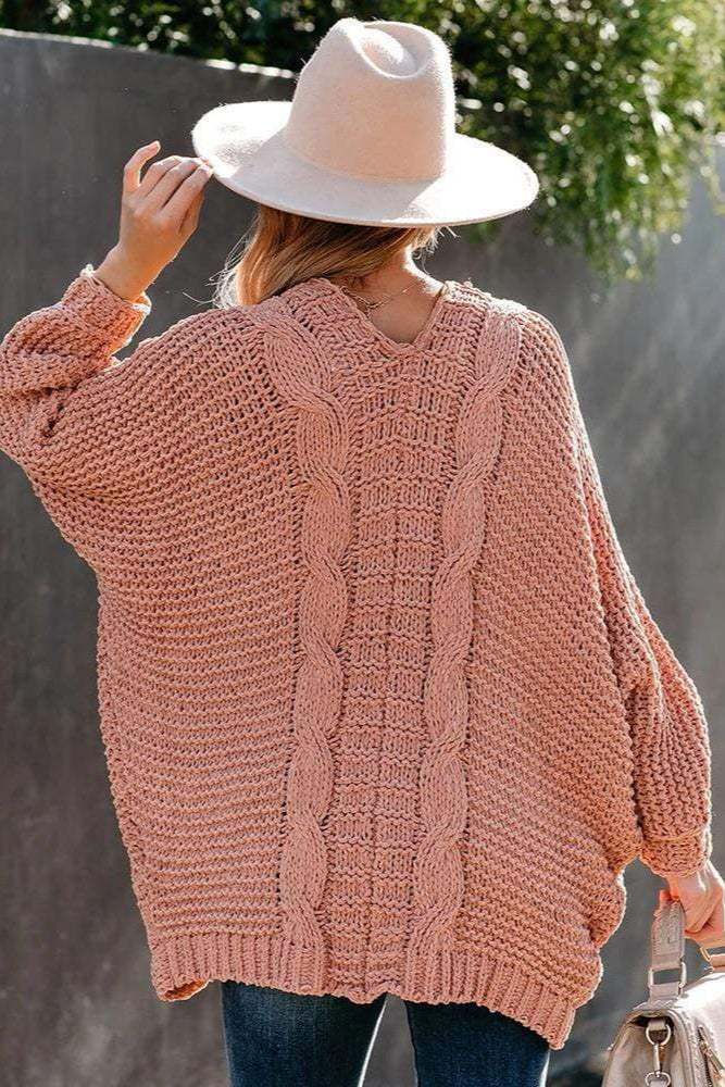 Chunky Knit Open-Front Cardigan in Soft Wool Blend Grey Beige Pink Black Purple Green Orange | Relaxed Layering Piece Long Sleeve Pockets | Koossa