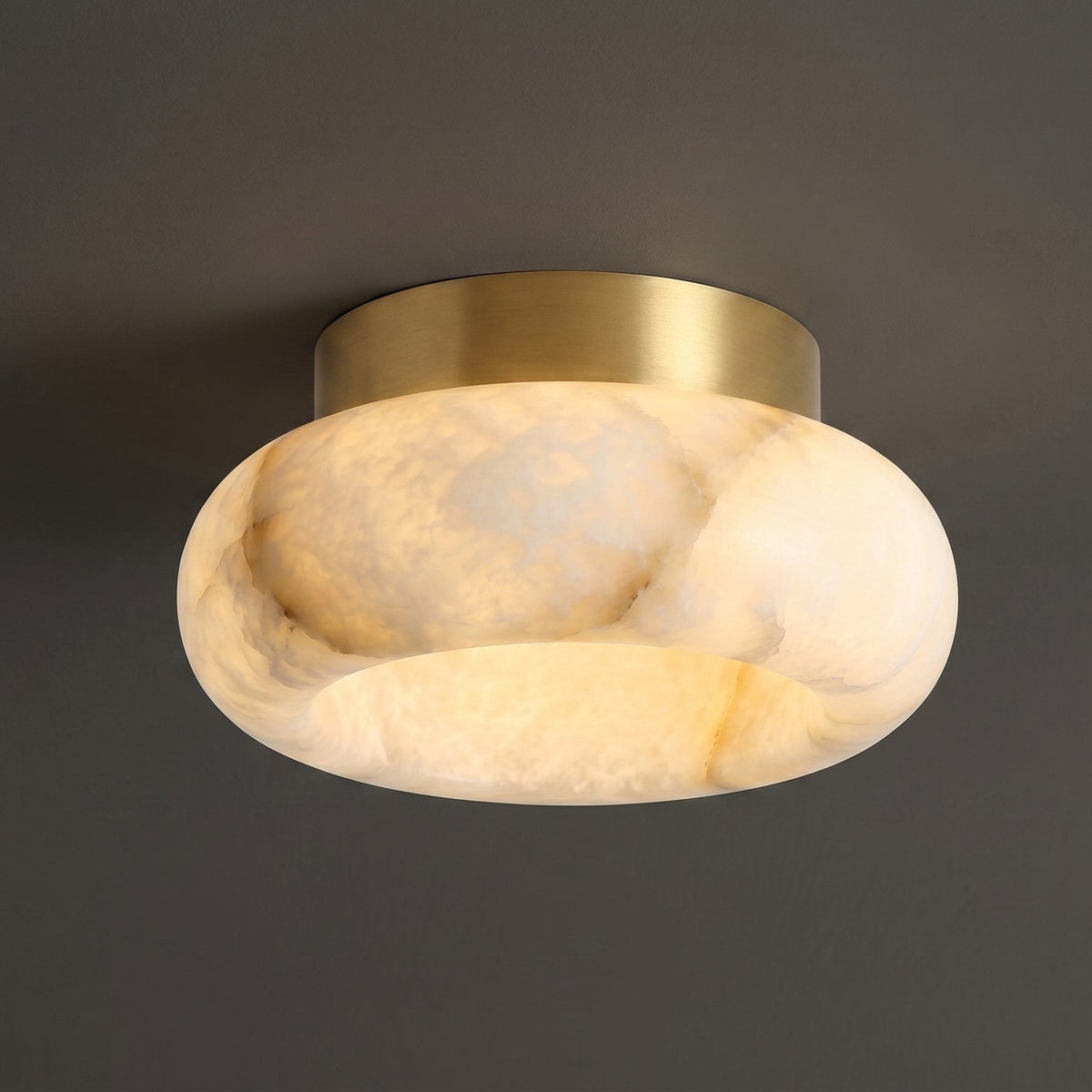 Brass Flush Mount Ceiling Light with Alabaster Shade – Modern Low Profile LED Fixture for Bedroom, Hallway, Entryway – 3.1 in Profile | Lonoma