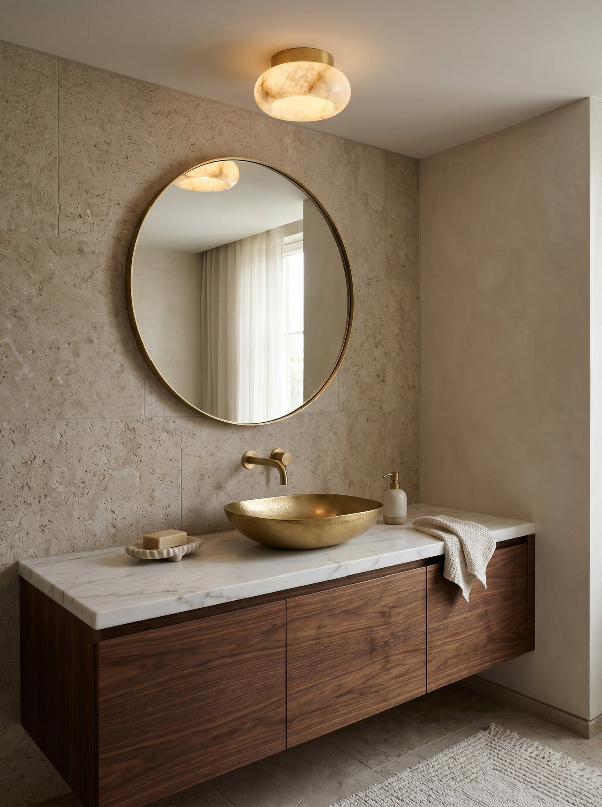 Brass Flush Mount Ceiling Light with Alabaster Shade – Modern Low Profile LED Fixture for Bedroom, Hallway, Entryway – 3.1 in Profile | Lonoma
