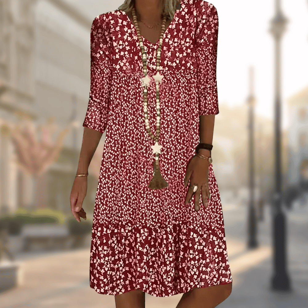 Printed Jersey Dress with Relaxed Fit and Three-Quarter Sleeves in Blue, Red, Brown and Green | Koossa