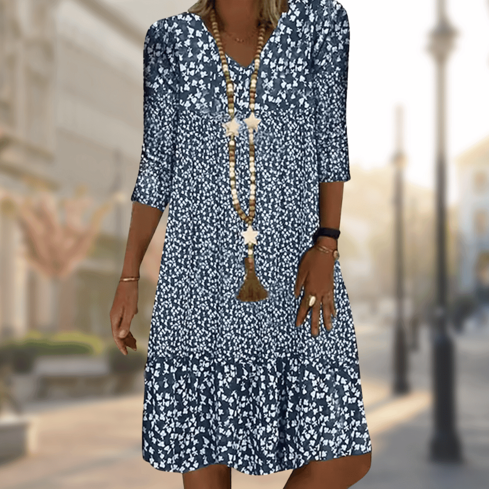 Printed Jersey Dress with Relaxed Fit and Three-Quarter Sleeves in Blue, Red, Brown and Green | Koossa